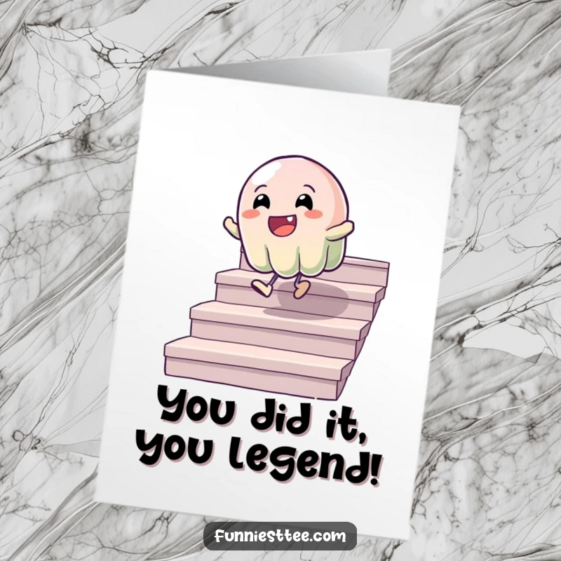 Funny Free Printable Congratulations Card showing a happy, wobbly jelly character bouncing energetically down stairs to celebrate.