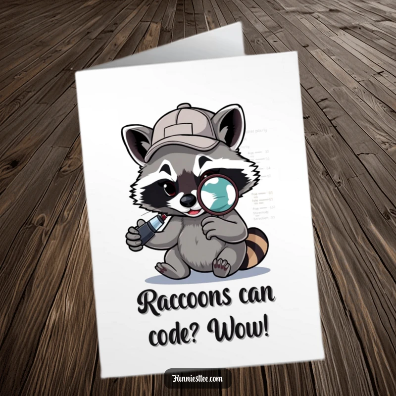 Funny Free Printable raccoon debugging code with a magnifying glass, celebrating fixing a bug.