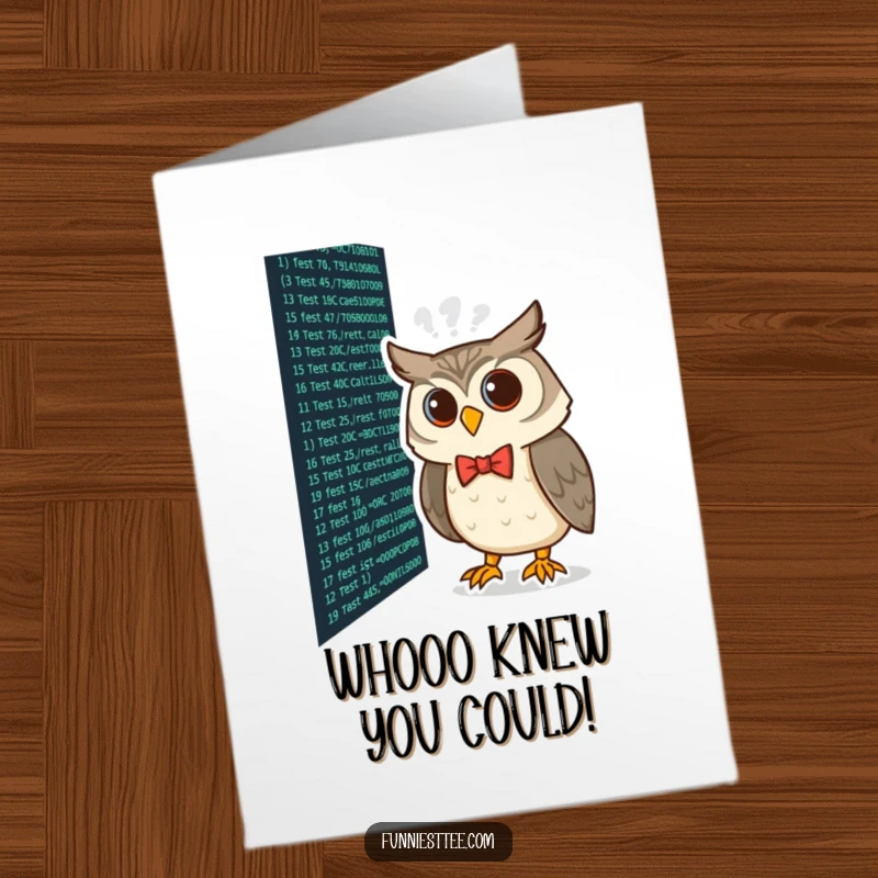 Funny Free Printable Congratulations Card: Owl wearing a bow tie intently studies lines of code, celebrating a successful program.
