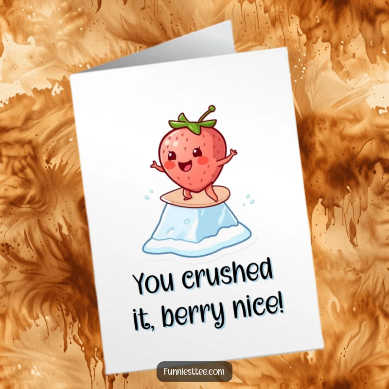Funny Free Printable Congratulations Card: A cheerful strawberry surfs on a melting ice cube, looking determined.