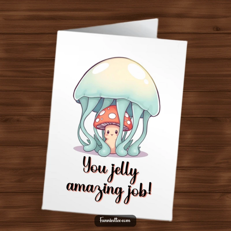 Funny Free Printable Congrats Card: A bashful mushroom peeks from behind a huge, jiggly jelly, radiating cute humor.