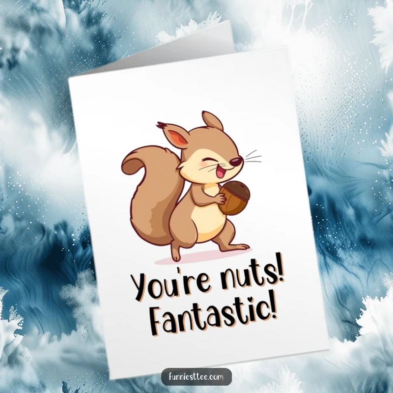 Funny Free Printable Congrats Card: Squirrel with giant acorn chases tail, celebrating your victory.