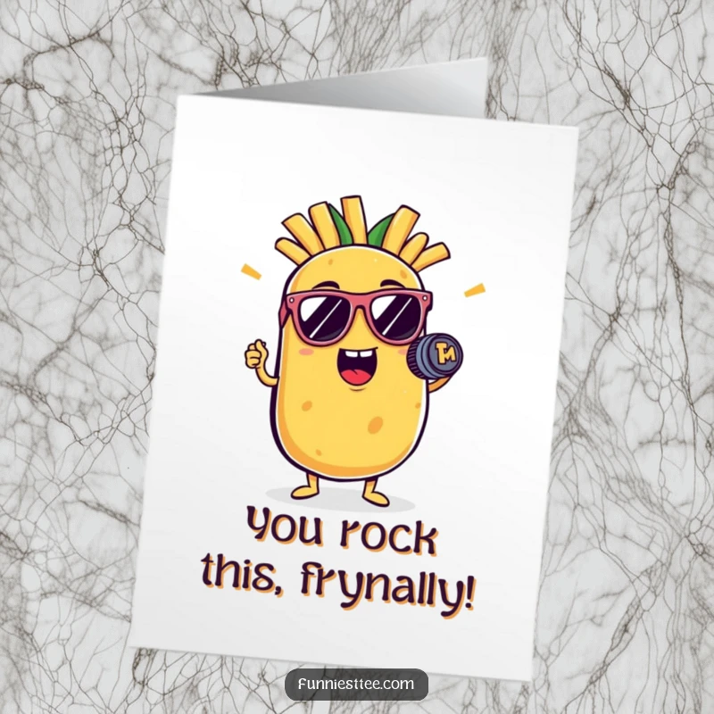 Funny Free Printable Congratulations Card: A cool potato with sunglasses holds a French fry mic, celebrating victory.