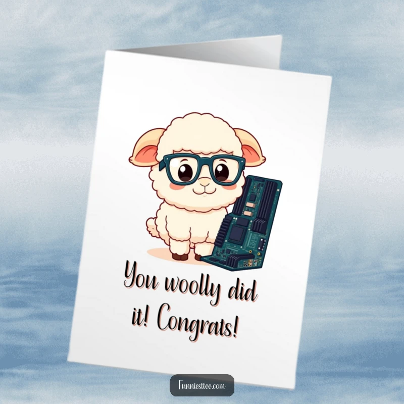 Funny Free Printable sheep in glasses looking confused at a motherboard, celebrating success.