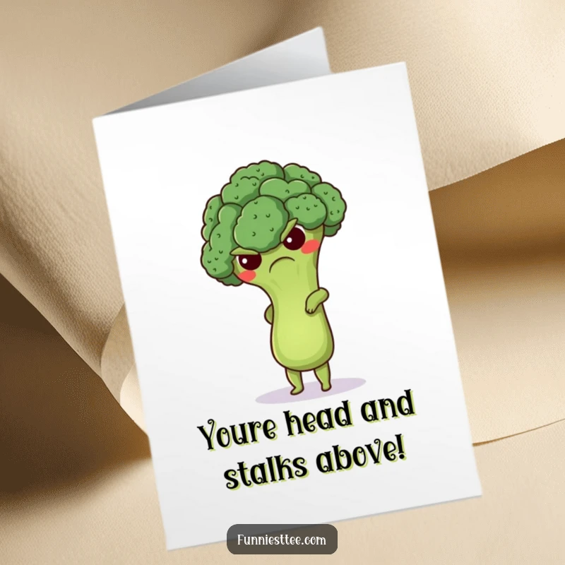 Funny Free Printable Congratulations Card showing a grumpy broccoli floret attempting a handstand, celebrating an achievement with effort.