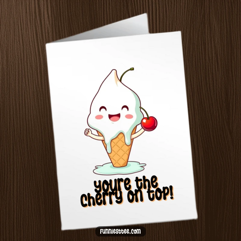 Funny Free Printable Congratulations Card showing a melting ice cream cone attempting a high-five with a cherry, celebrating success.
