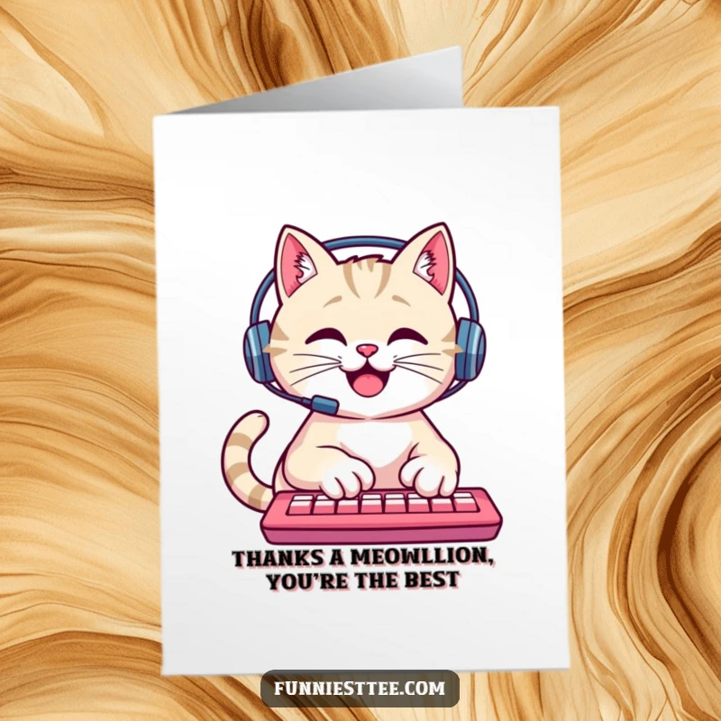 Funny Free Printable cat with a headset typing quickly, sending thanks.