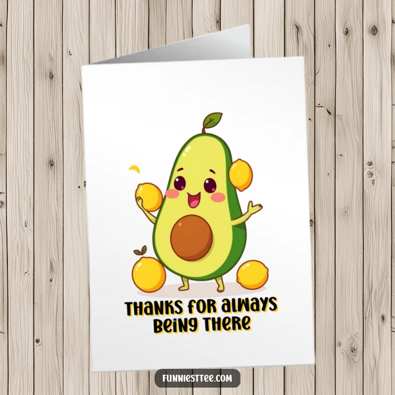 Funny Free Printable Thank You Card: A smiling avocado comically attempting to juggle three yellow lemons, conveying thanks.