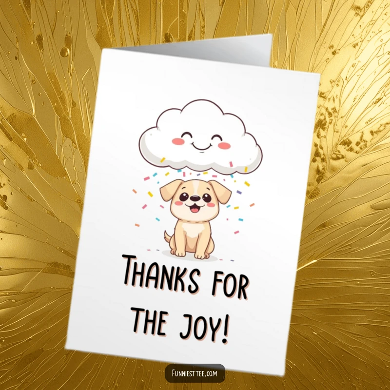 Funny Free Printable Thank You Card: A cloud rains confetti on a tiny surprised dog, a cheerful thank you.