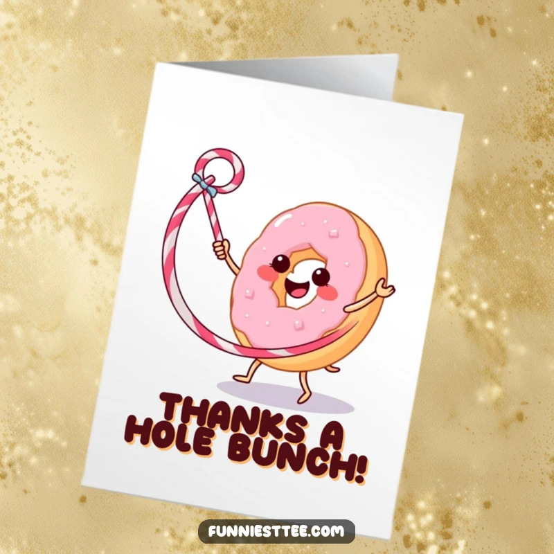 Funny Free Printable Thank You Card: A cheerful donut skillfully hula hoops with a licorice whip, sending thanks.
