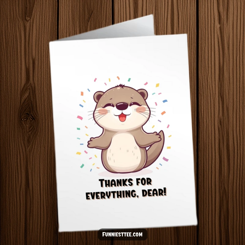 Funny Free Printable Thank You Card: Delighted otter spins happily in confetti, expressing thanks.