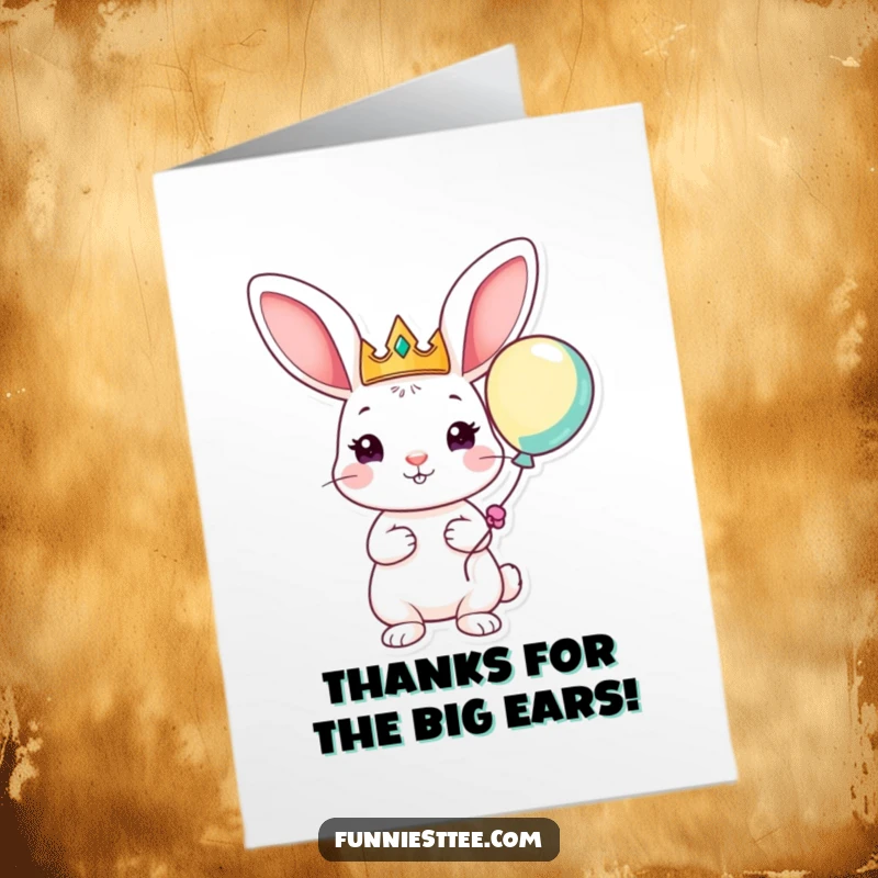 Funny Free Printable Thank You Card: Playful rabbit with a crown holds a balloon, saying thanks.