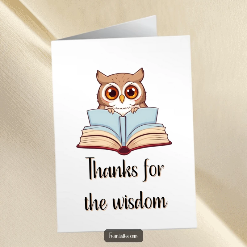 Funny Free Printable Thank You card with a curious owl peeking from a storybook, conveying sincere gratitude with a humorous, wide-eyed expression.