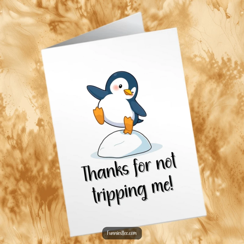 Funny Free Printable Thank You Card: A penguin dramatically trips and falls over a single, tiny icy pebble.