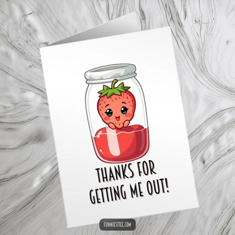 Funny Free Printable thank you card depicting a cheerful strawberry character looking surprised while stuck in a jam jar.