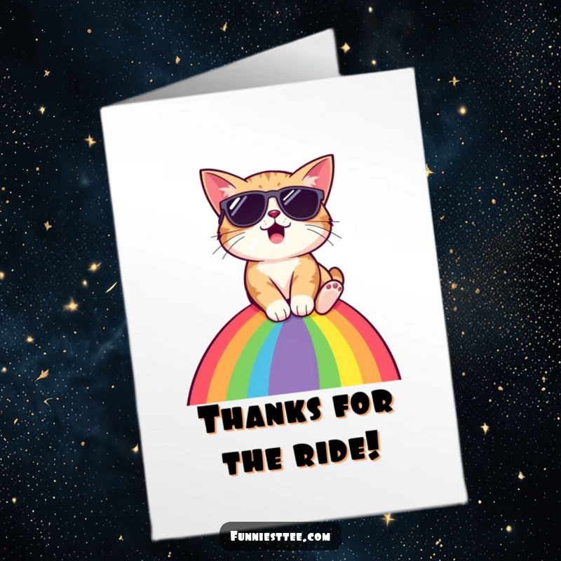 Free Printable Thank You Card: Surprised cat wearing sunglasses sliding down a rainbow, sending thanks with a cool, unexpected journey.