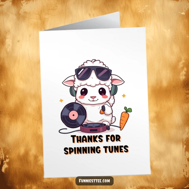 Funny Free Printable Thank You Card: A fluffy sheep in sunglasses acting as a DJ with a record and carrot, a cool gift.