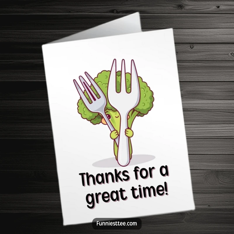 Funny Free Printable Thank You Card with a shy broccoli hiding behind oversized cutlery, sending thanks with a bashful grin.