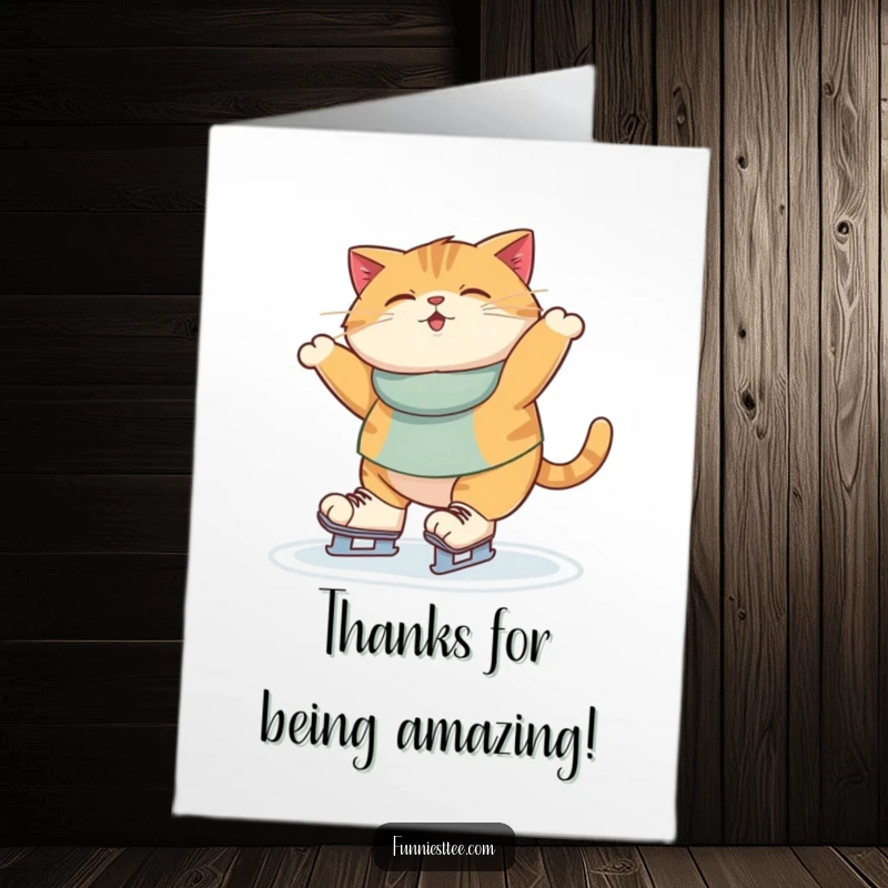 Funny Free Printable Thank You Card: Overweight cat's comical ice skating attempt, a delightful thank you.
