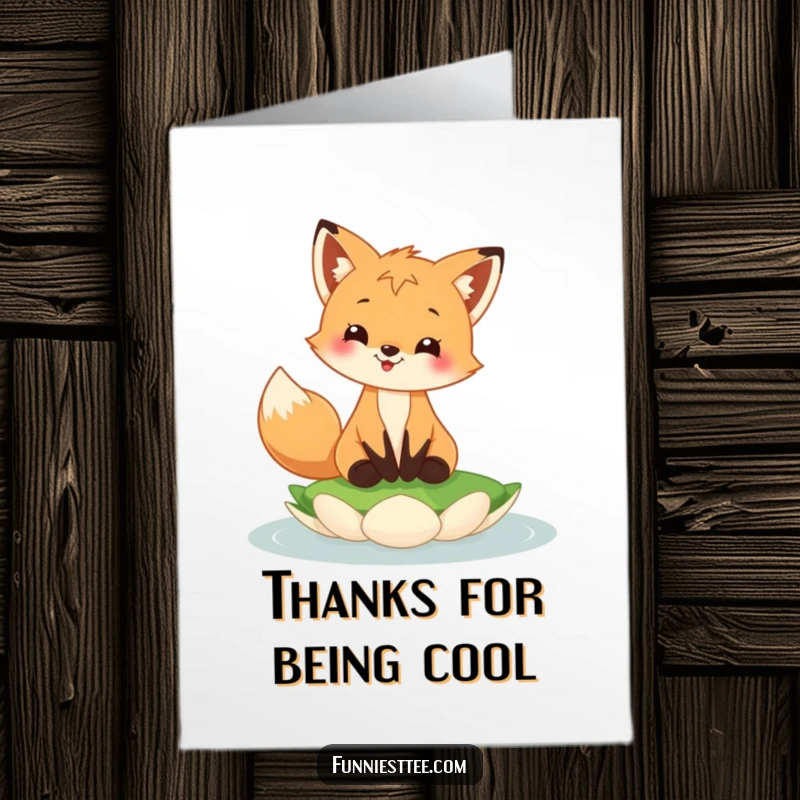 Funny Free Printable Thank You card with a happy fox cub grinning while balancing on a lily pad, conveying thanks with cheerful poise.
