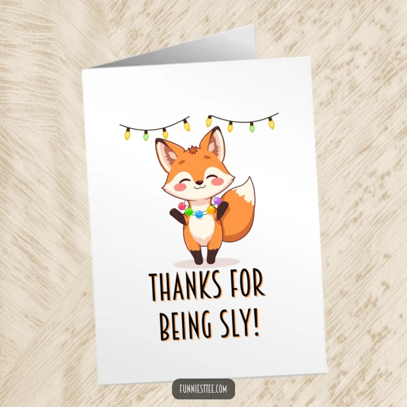 Funny Free Printable Thank You Card: Giggling Fox wearing a garland dances under lights.