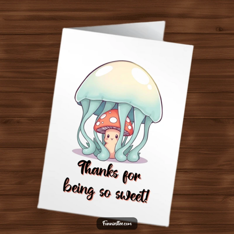 Funny Free Printable Thank You Card: A timid mushroom peeks from behind a colossal, wobbly jelly, making thanks adorable.