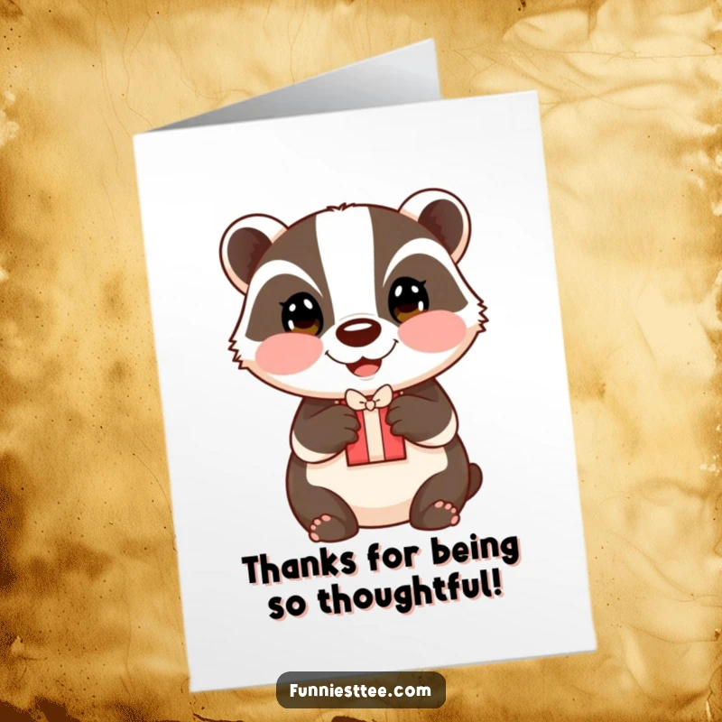 Funny Free Printable Thank You Card: A happy badger with rosy cheeks offers a small gift held in both paws, conveying sincere thanks.
