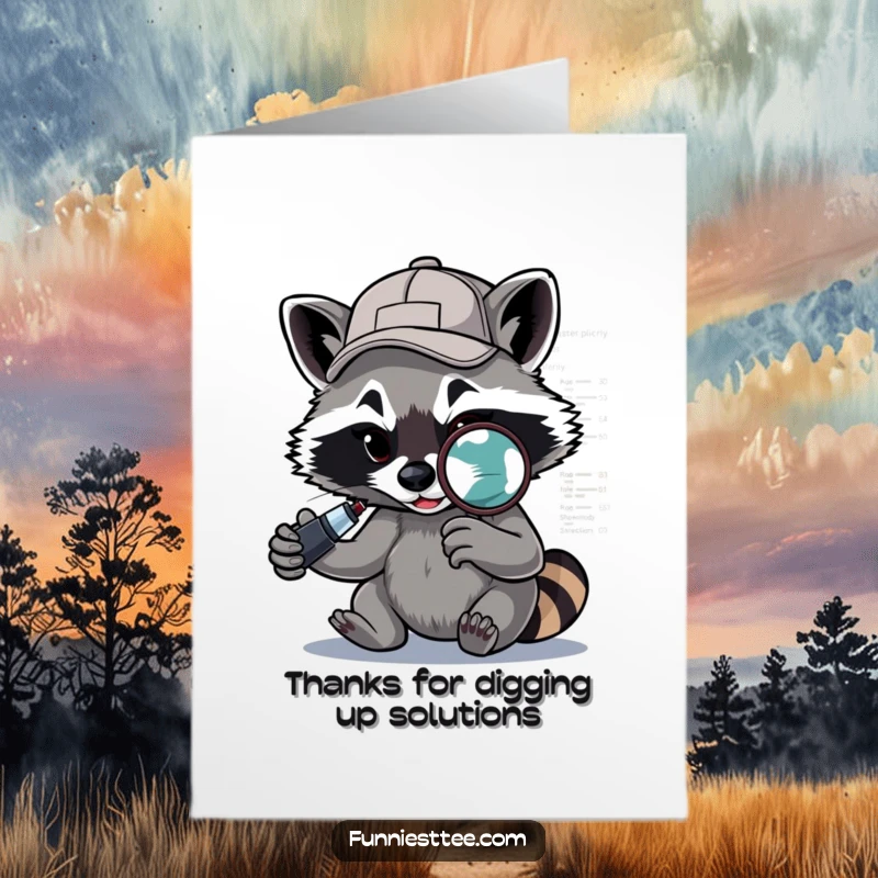Funny Free Printable raccoon with a cap and magnifying glass, thanking for code help.