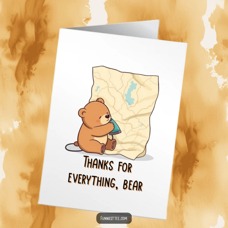 Funny Free Printable Thank You Card: A drowsy bear awkwardly irons a colossal, creased map, symbolizing guidance.