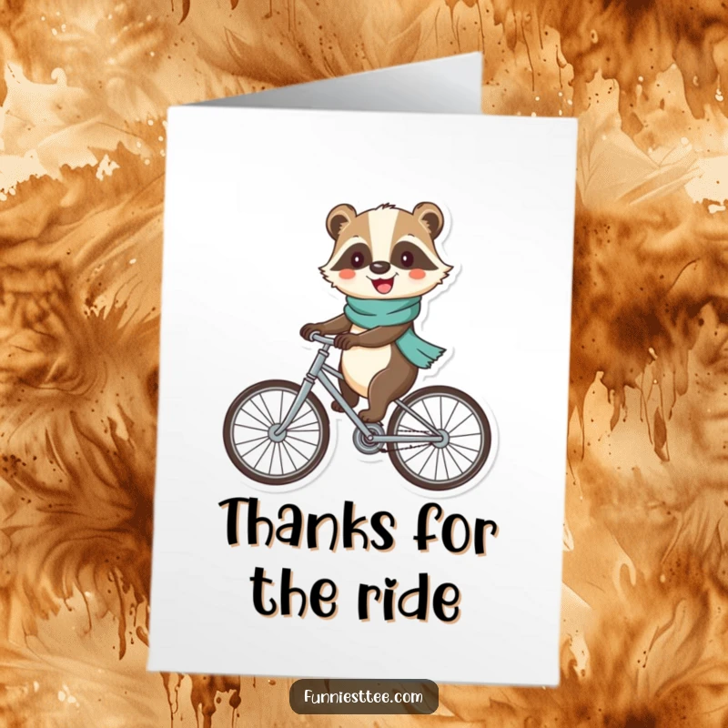 Funny Free Printable Thank You card with a cheerful badger in a scarf riding a bicycle with large, wobbly wheels, offering thanks with a grin.