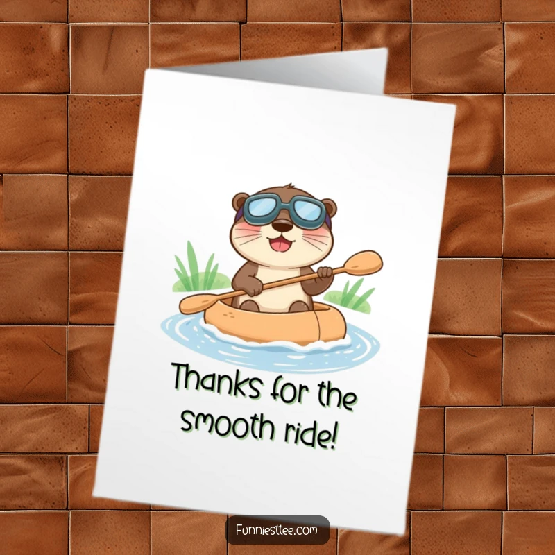 Funny Free Printable Thank You Card: Otter wearing goggles joyfully paddles a raft, expressing thanks with a cheerful, aquatic theme.