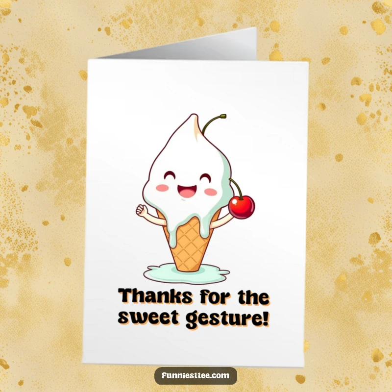 Funny Free Printable Thank You Card featuring a melting ice cream cone trying to high-five a cherry, expressing thanks.