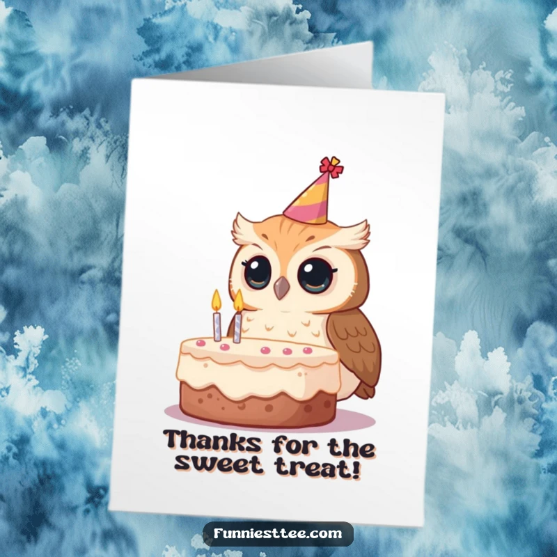 Funny Free Printable Thank You Card: A curious owl in a party hat, looking at a cake, signifying a sweet gesture of gratitude.
