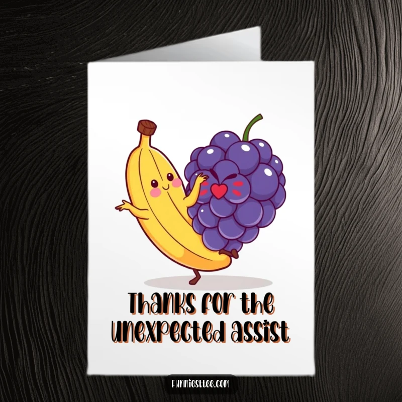 Funny free printable thank you card: a dancing banana comically slipping on a tiny grape, a humorous way to express thanks.