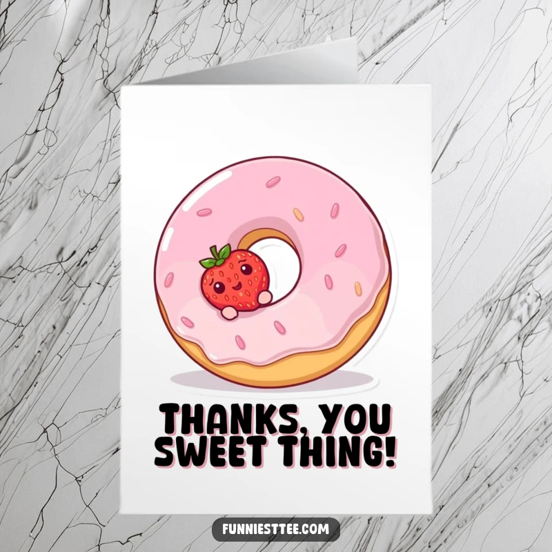 Funny Free Printable Thank You Card: Shy strawberry peeks from behind a giggling donut, a cute thank you.