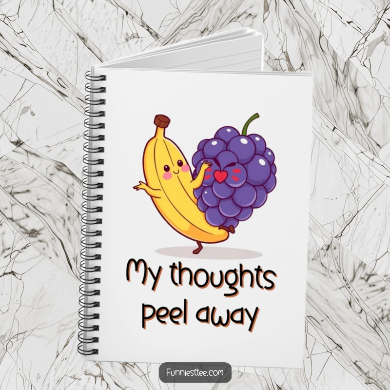 Funny notebook cover depicting a banana's hilarious slip on a grape, encouraging creative writing and humorous note-taking.