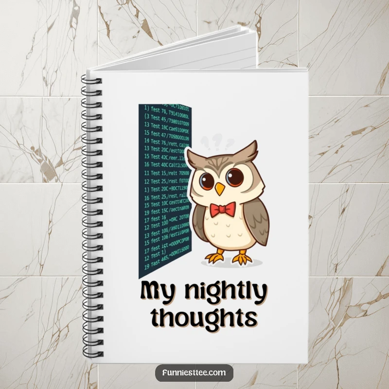 Funny curious owl wearing a bow tie peering at lines of code on a screen, coding humor on a notebook cover.