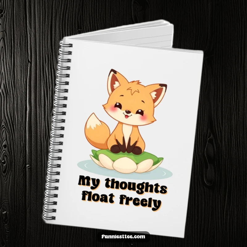 Funny fox cub notebook with a happy fox cub grinning, balancing on a floating lily pad, ideal for notes.