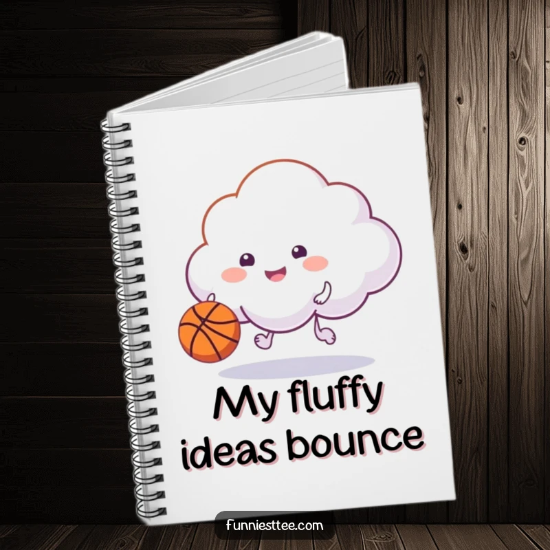 Funny happy cloud dribbling a basketball with its puff on a notebook, a humorous and inspiring stationery item.