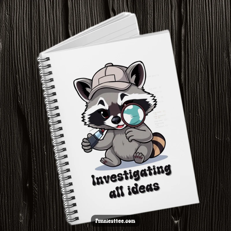 Funny Raccoon Notebook: A determined raccoon wearing a backward cap uses a magnifying glass to debug code, perfect for notes.