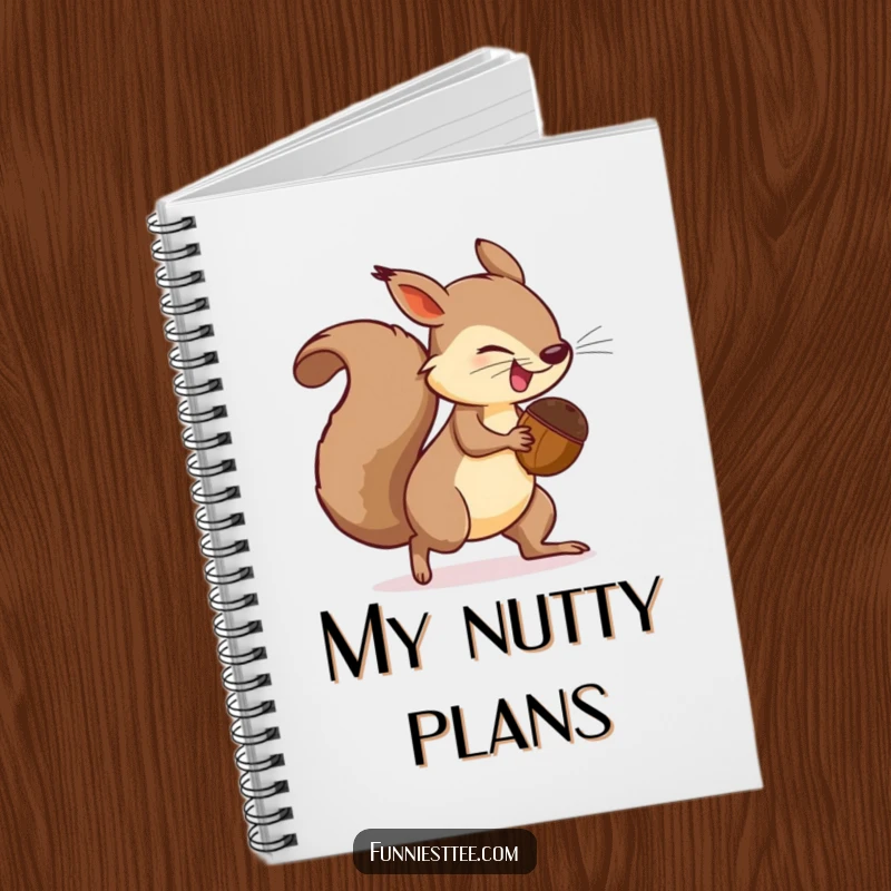 Funny Notebook cover art: a determined squirrel with a giant acorn comically chasing its own tail, full of energy.