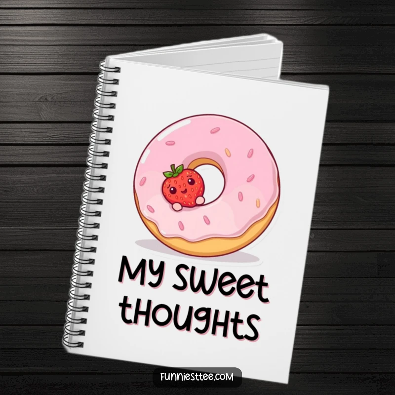 Funny Notebook cover art: a shy strawberry peeking from behind a large, giggling donut, a delightful and humorous scene.