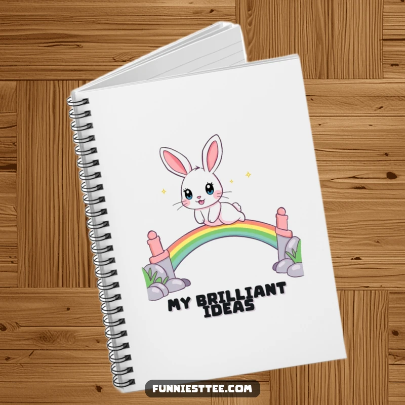 Funny notebook with a playful rabbit, sparkling eyes, leaping over a rainbow bridge, ideal for jotting notes.