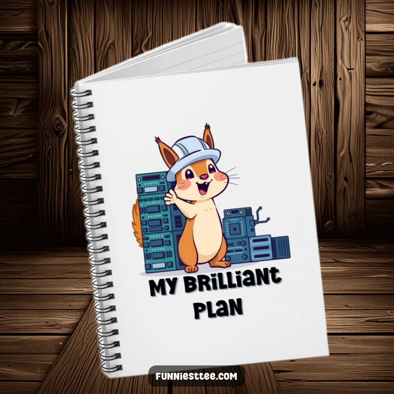 Funny squirrel in a hard hat excitedly gesturing towards a tower of circuit boards, tech humor on a notebook cover.