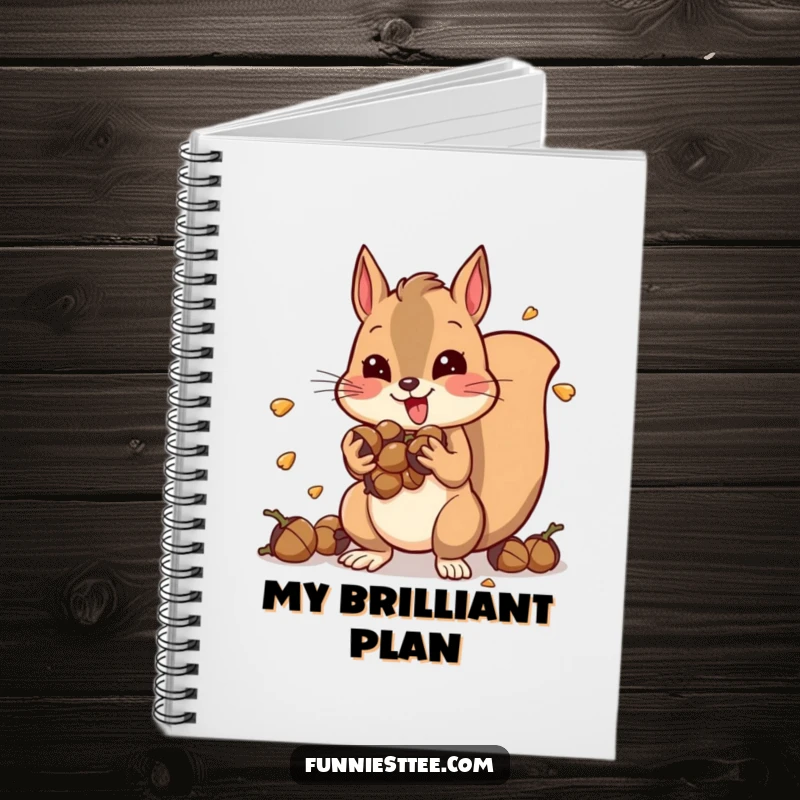 Funny notebook featuring a hyperactive squirrel stuffed with acorns, vibrating with energy, ideal for capturing fast-paced thoughts and bright ideas.
