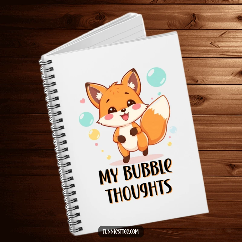 Funny notebook cover with a joyful fox, wagging tail, chasing iridescent bubbles at a vibrant party.