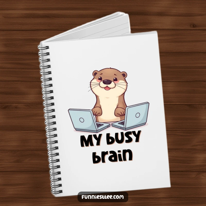 Funny smiling otter typing with two paws on multiple laptops simultaneously, busy animal humor on a notebook cover.