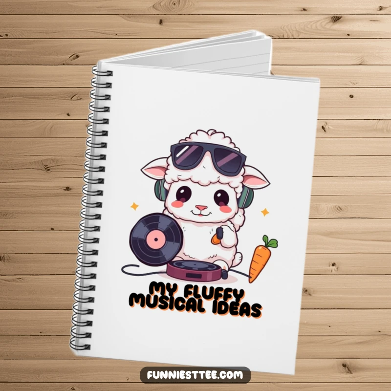 Funny notebook cover with a fluffy sheep wearing sunglasses, cooly DJing with a record and carrot, ideal for jotting notes with a humorous music flair.