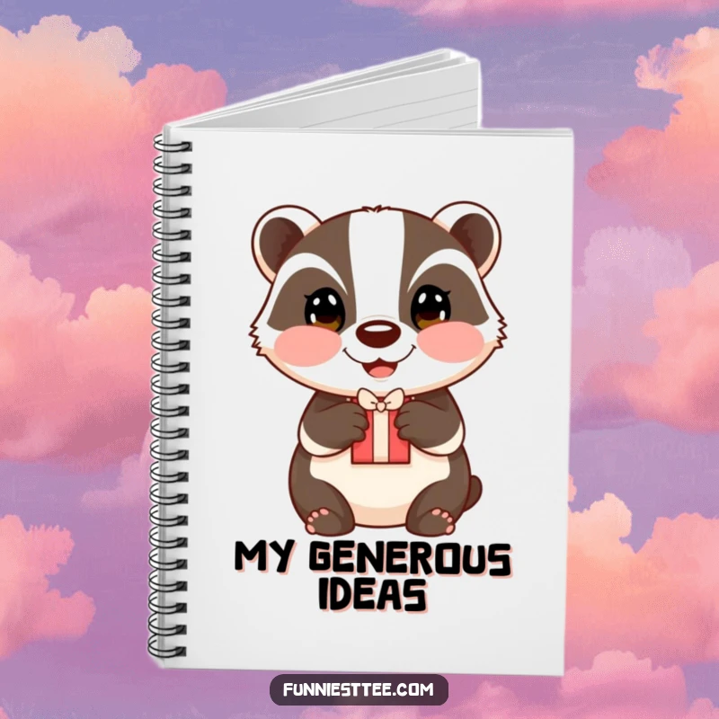 Funny badger notebook, a happy badger with rosy cheeks offering a small gift, for all your notes.