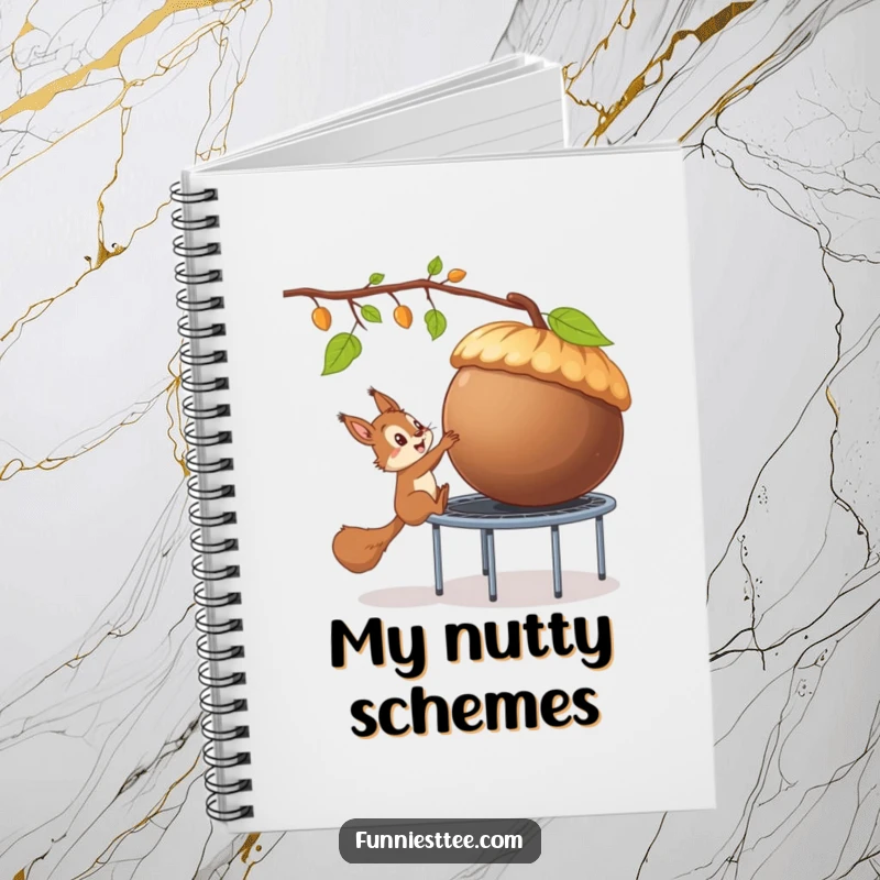 Funny notebook cover with a squirrel using a trampoline to steal a giant acorn, perfect for jotting down mischievous plans.